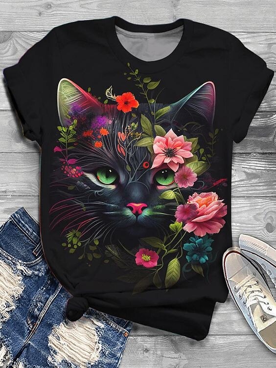 Floral Cat Printed Crew Neck T-shirt