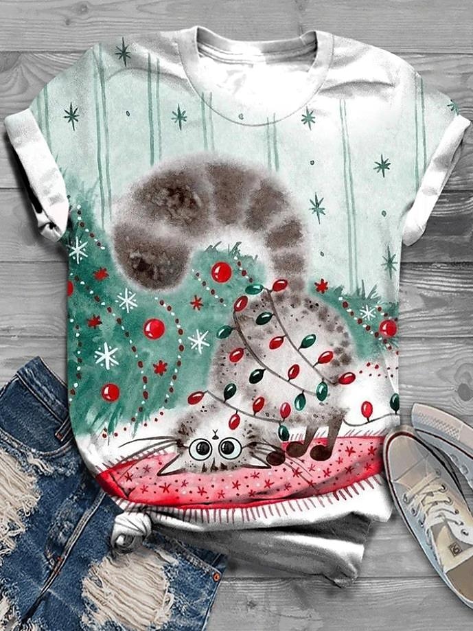 Fashion Cute Cat Printed Crew Neck T-shirt