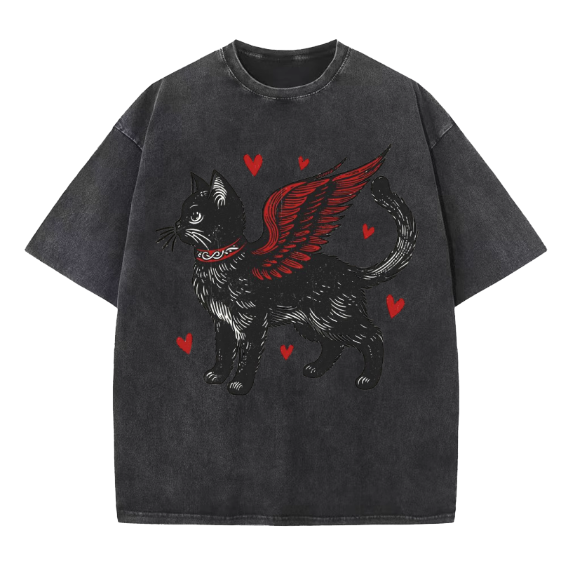 Cuddlefurry™ | Angel Wings Black Cat Washed T-Shirt