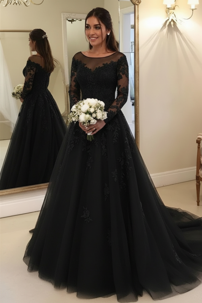 Elegant Long Sleeves Ｗedding Dress Aline Floral Lace Tulle Bridal Gown