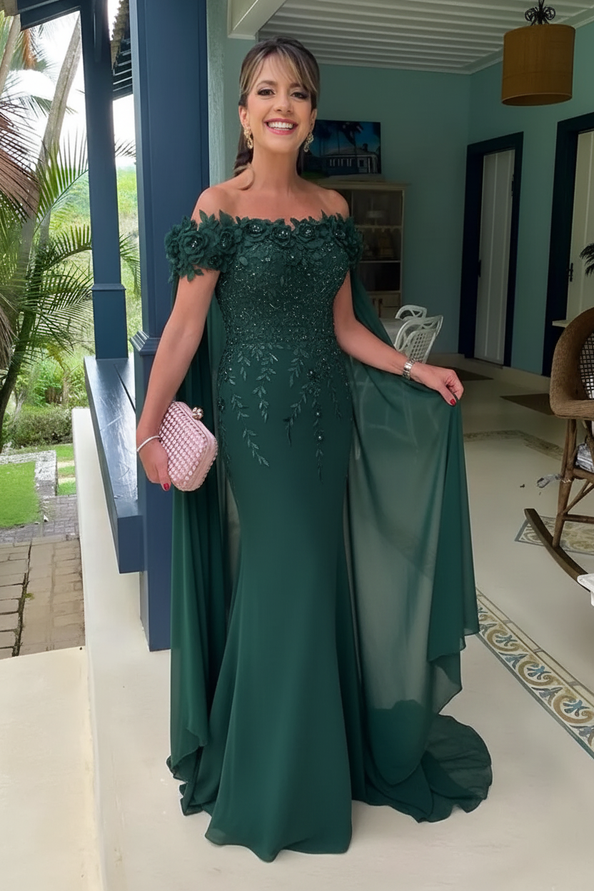 Off-the-Shoulder Pink Flowers Chiffon Mother of the Bride Dress Floor Length Wedding Guest Dress