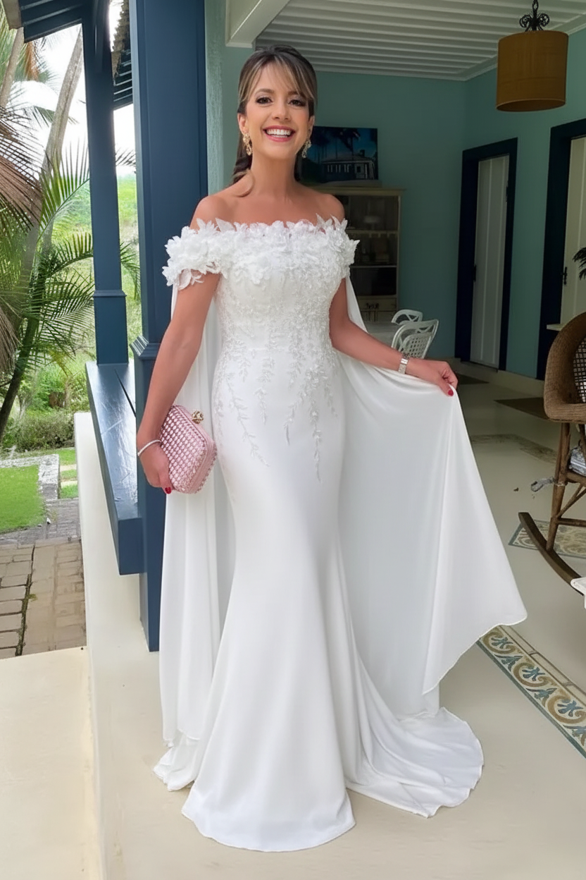 Off-the-Shoulder Pink Flowers Chiffon Mother of the Bride Dress Floor Length Wedding Guest Dress