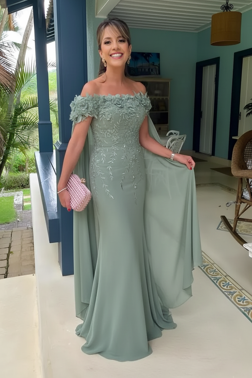 Off-the-Shoulder Pink Flowers Chiffon Mother of the Bride Dress Floor Length Wedding Guest Dress