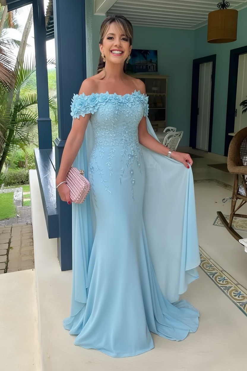 Off-the-Shoulder Pink Flowers Chiffon Mother of the Bride Dress Floor Length Wedding Guest Dress