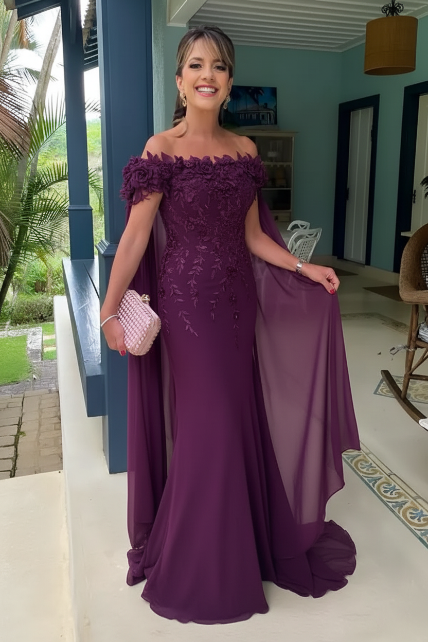 Off-the-Shoulder Pink Flowers Chiffon Mother of the Bride Dress Floor Length Wedding Guest Dress