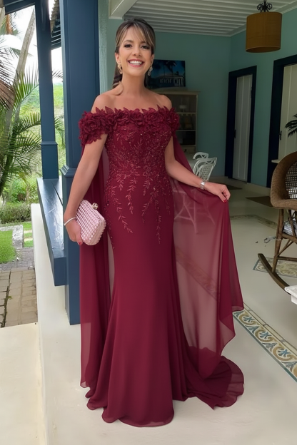 Off-the-Shoulder Pink Flowers Chiffon Mother of the Bride Dress Floor Length Wedding Guest Dress