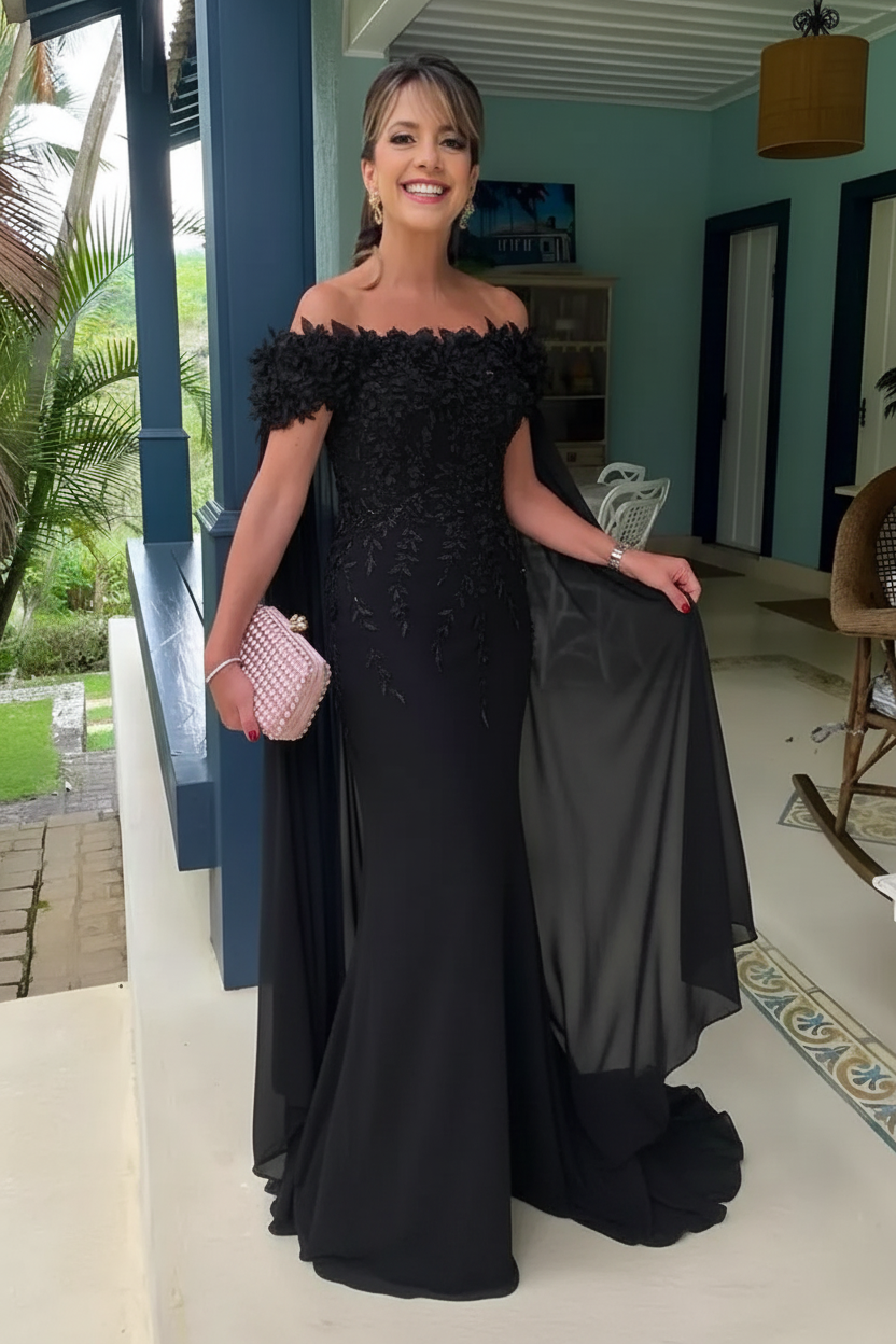 Off-the-Shoulder Pink Flowers Chiffon Mother of the Bride Dress Floor Length Wedding Guest Dress