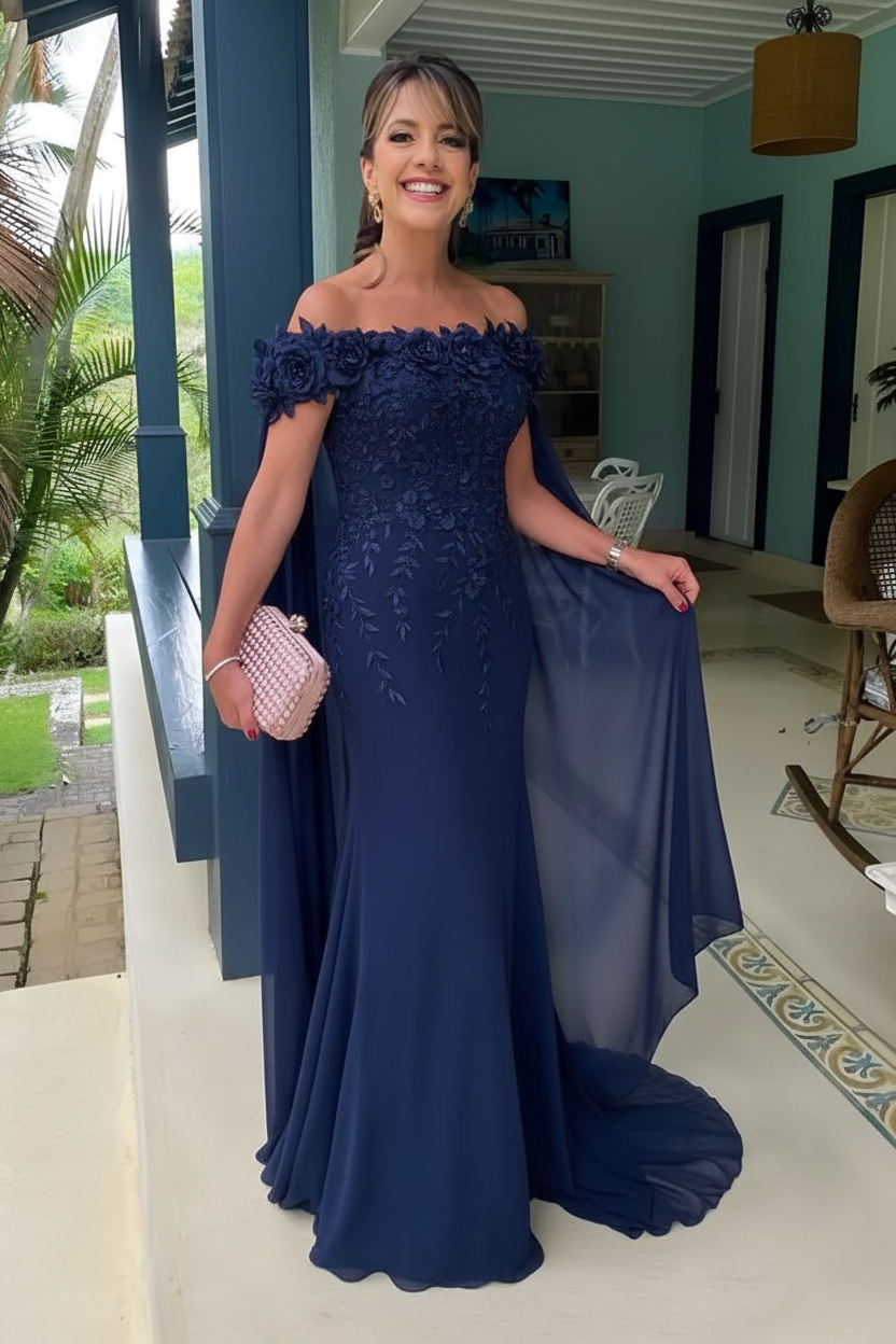 Off-the-Shoulder Pink Flowers Chiffon Mother of the Bride Dress Floor Length Wedding Guest Dress