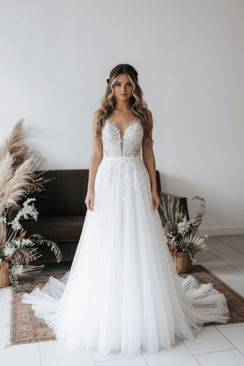 Elegant Sleeveless Wedding Dress V-Neck Aline Floral Lace Bridal Dress