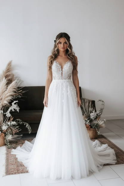 Elegant Sleeveless Wedding Dress V-Neck Aline Floral Lace Bridal Dress