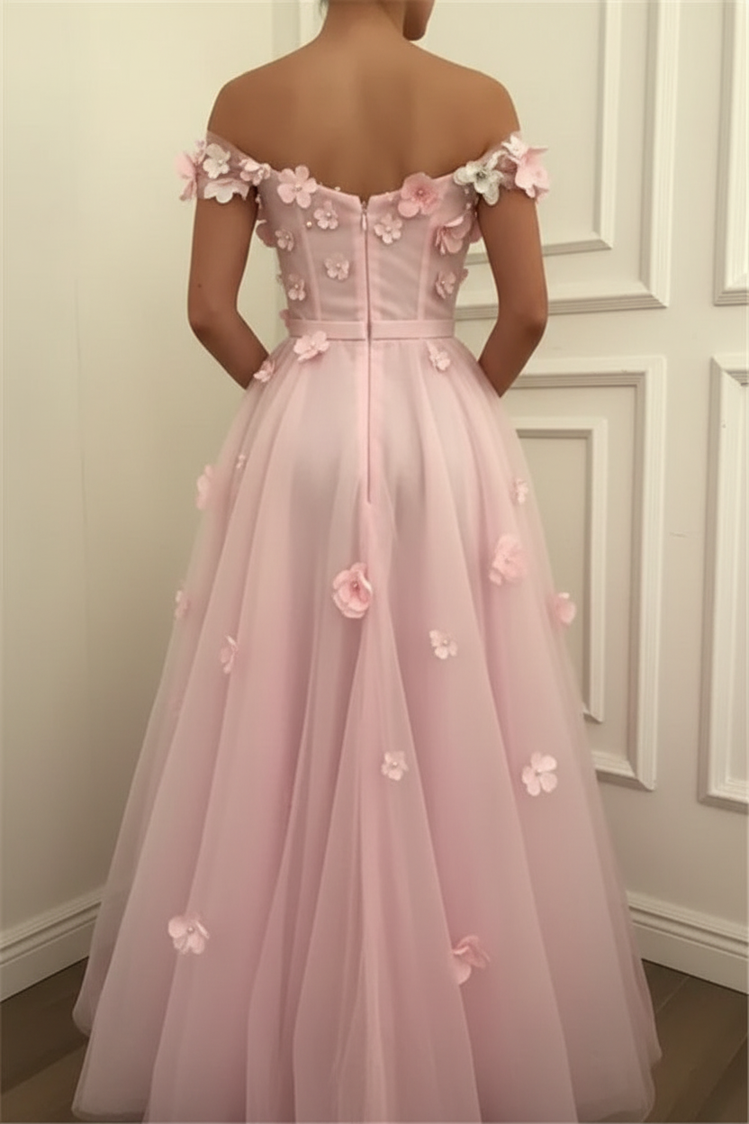 Pink Flower Off-the-Shoulder Prom Dress UKes UK Sleeveless Beads Elegant Evening Dress UKes UK with Sash