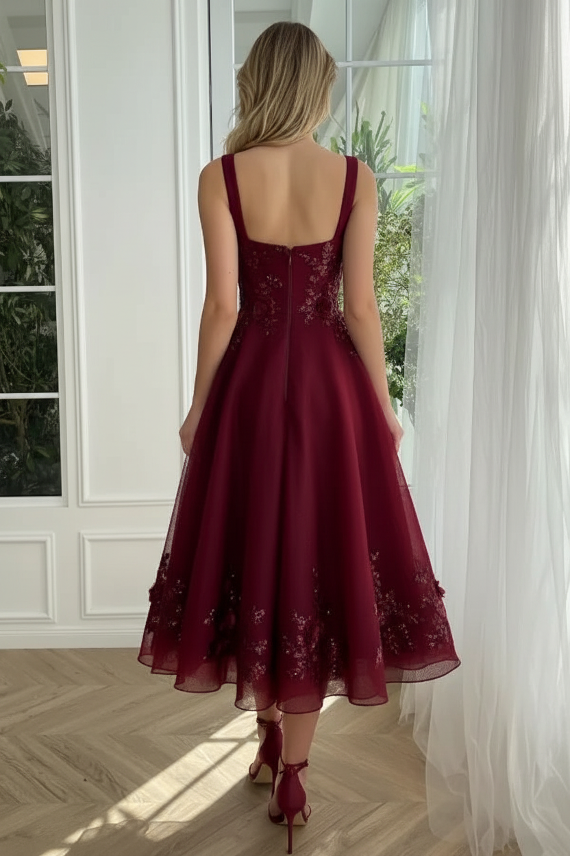 Strapless Burgundy Tulle Floral Ankle Length Dress Sleeveless Prom Dress