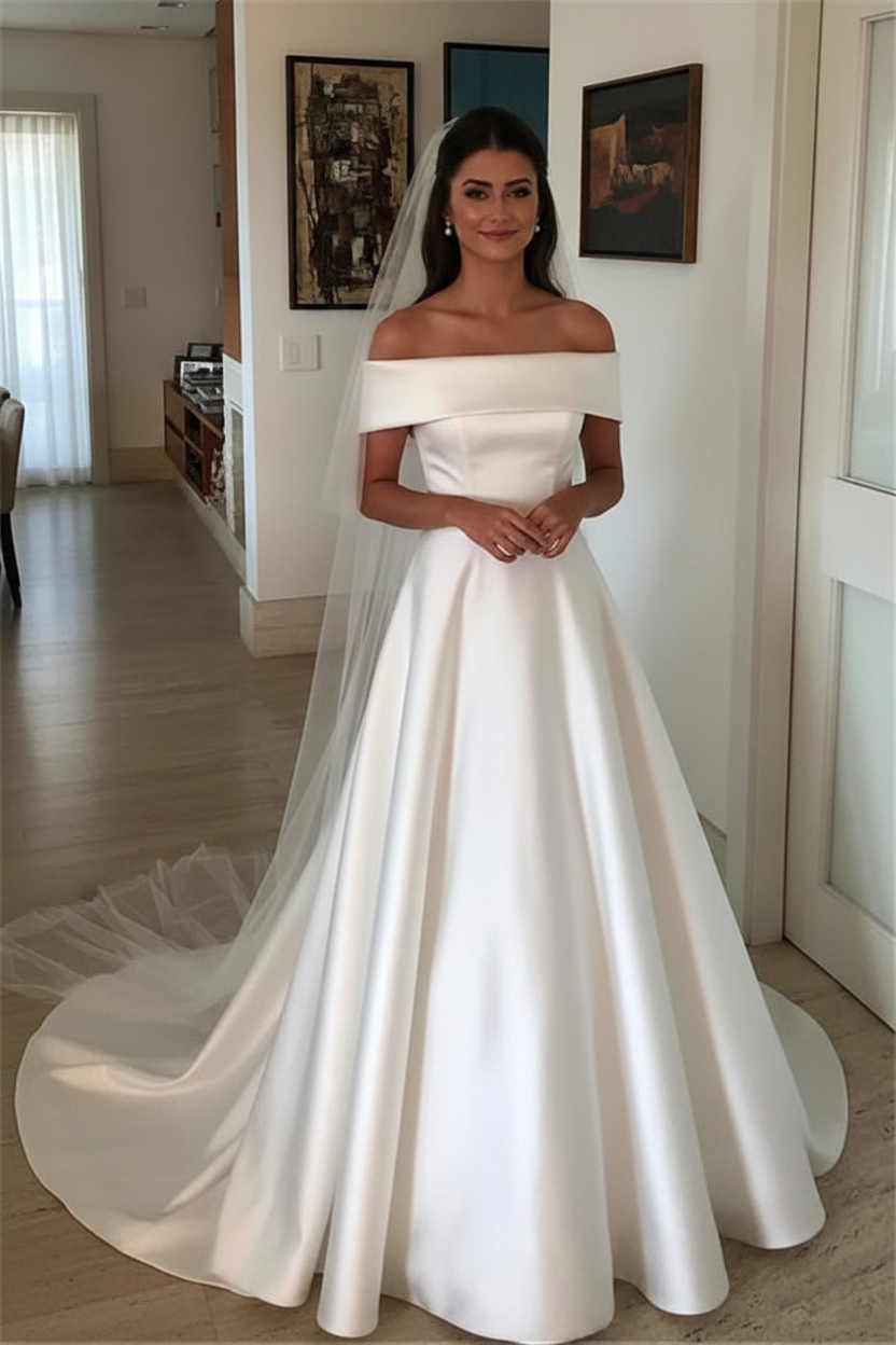 Elegant Off-the-Shoulder Wedding Dresses UK Bowknot Ribbons Sleeveless Floral Bridal Gowns