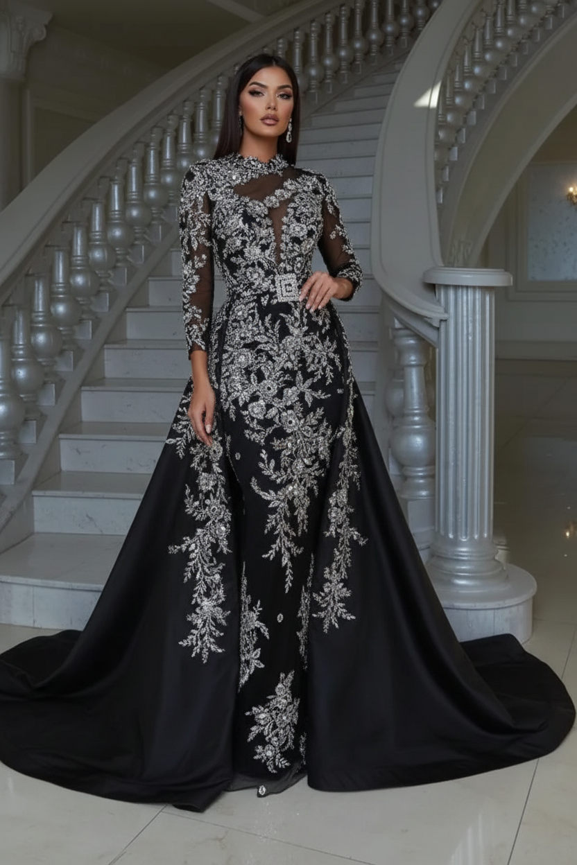 Luxury Floral Lace Mermaid Prom Dress with Detachable Train Long Sleeves Sheath Evening Gown