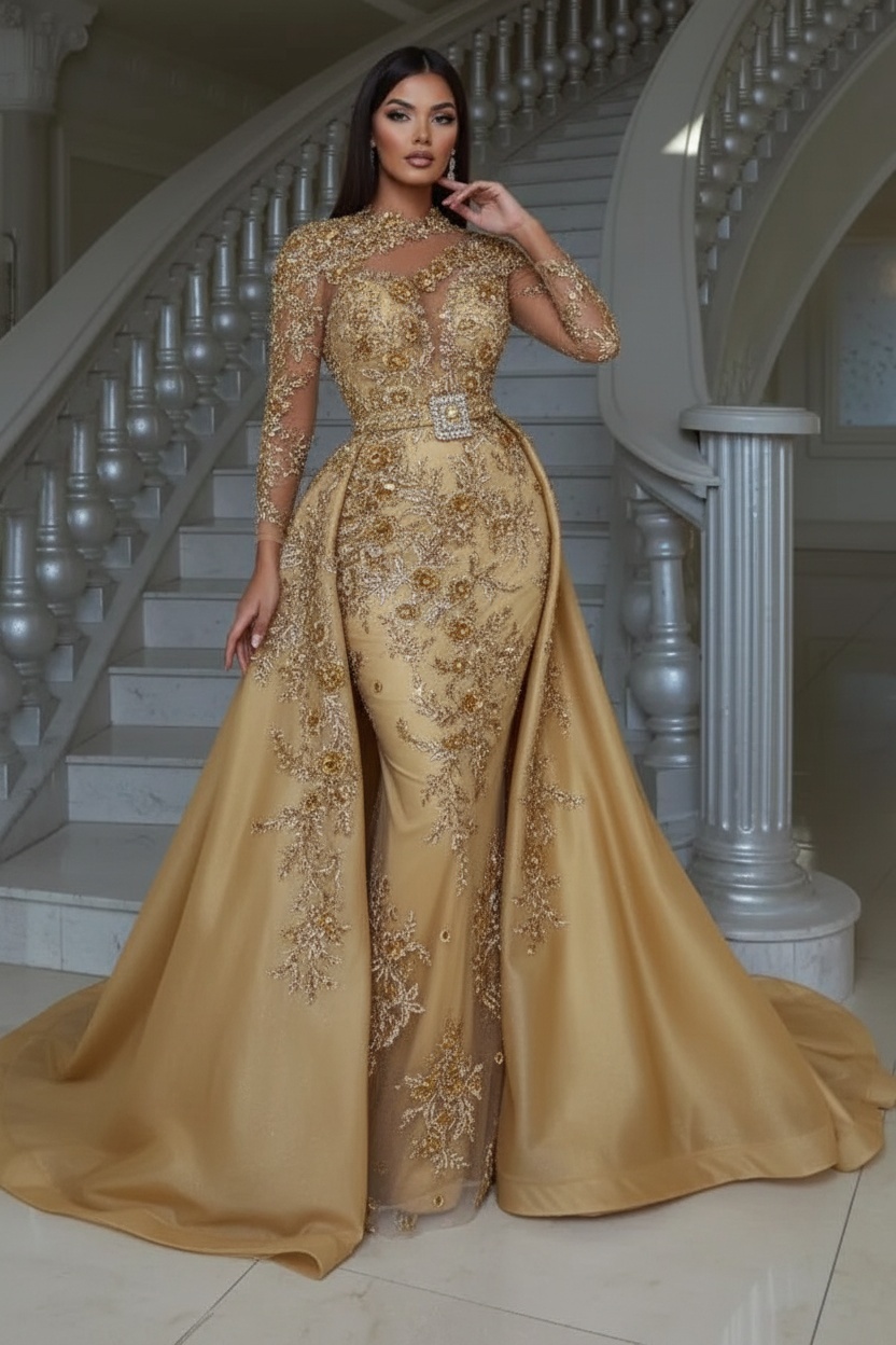 Luxury Floral Lace Mermaid Prom Dress with Detachable Train Long Sleeves Sheath Evening Gown