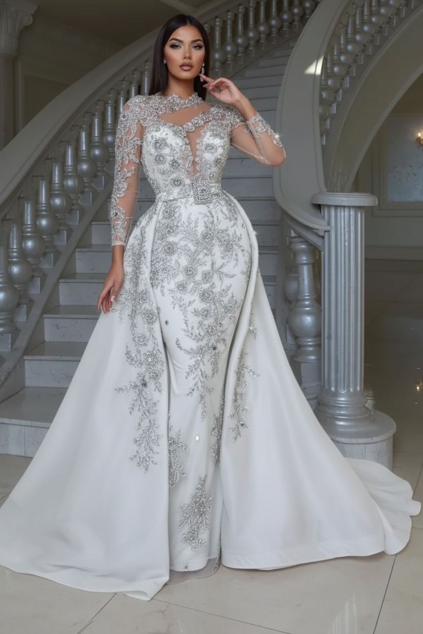 Luxury Floral Lace Mermaid Prom Dress with Detachable Train Long Sleeves Sheath Evening Gown