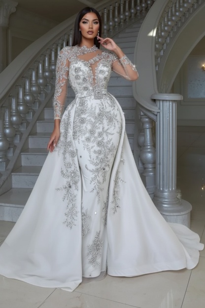 Luxury Floral Lace Mermaid Prom Dress with Detachable Train Long Sleeves Sheath Evening Gown