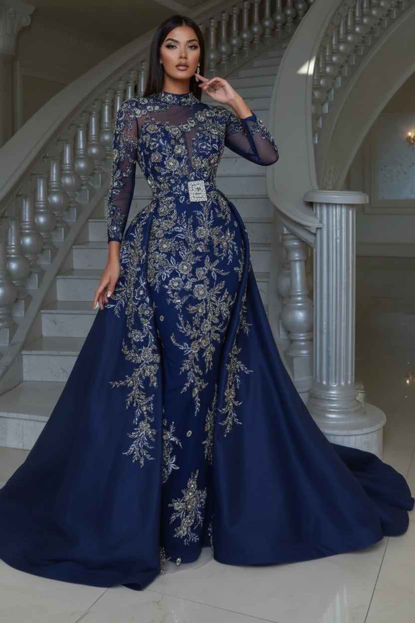 Luxury Floral Lace Mermaid Prom Dress with Detachable Train Long Sleeves Sheath Evening Gown