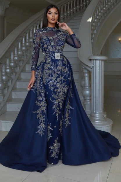 Luxury Floral Lace Mermaid Prom Dress with Detachable Train Long Sleeves Sheath Evening Gown