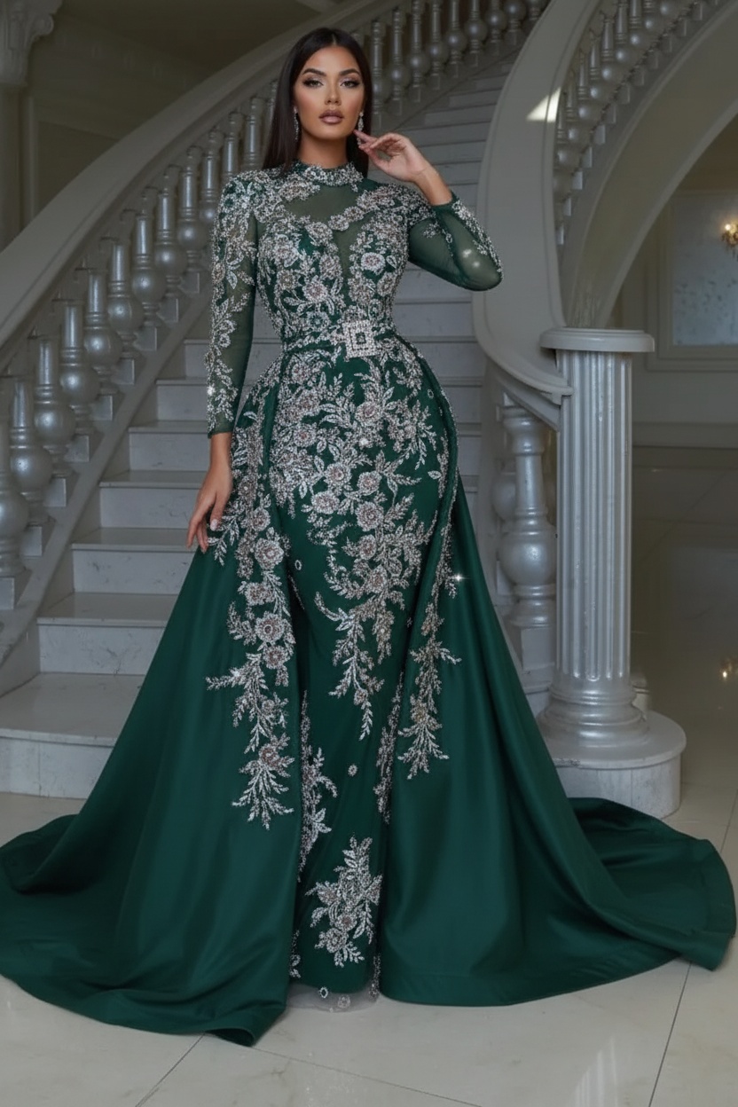 Luxury Floral Lace Mermaid Prom Dress with Detachable Train Long Sleeves Sheath Evening Gown