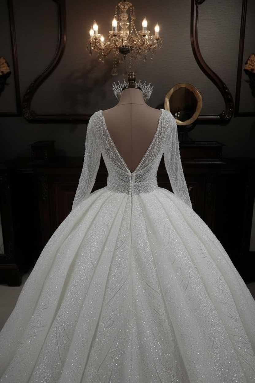 Gorgeous Long Sleeves Wedding Dress Glitter Sequins Bridal Gown