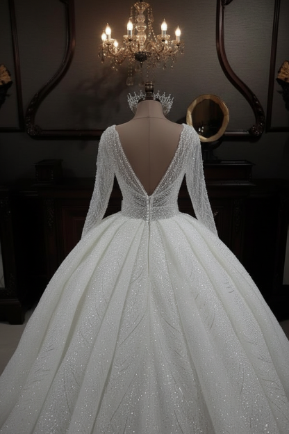 Gorgeous Long Sleeves Wedding Dress Glitter Sequins Bridal Gown