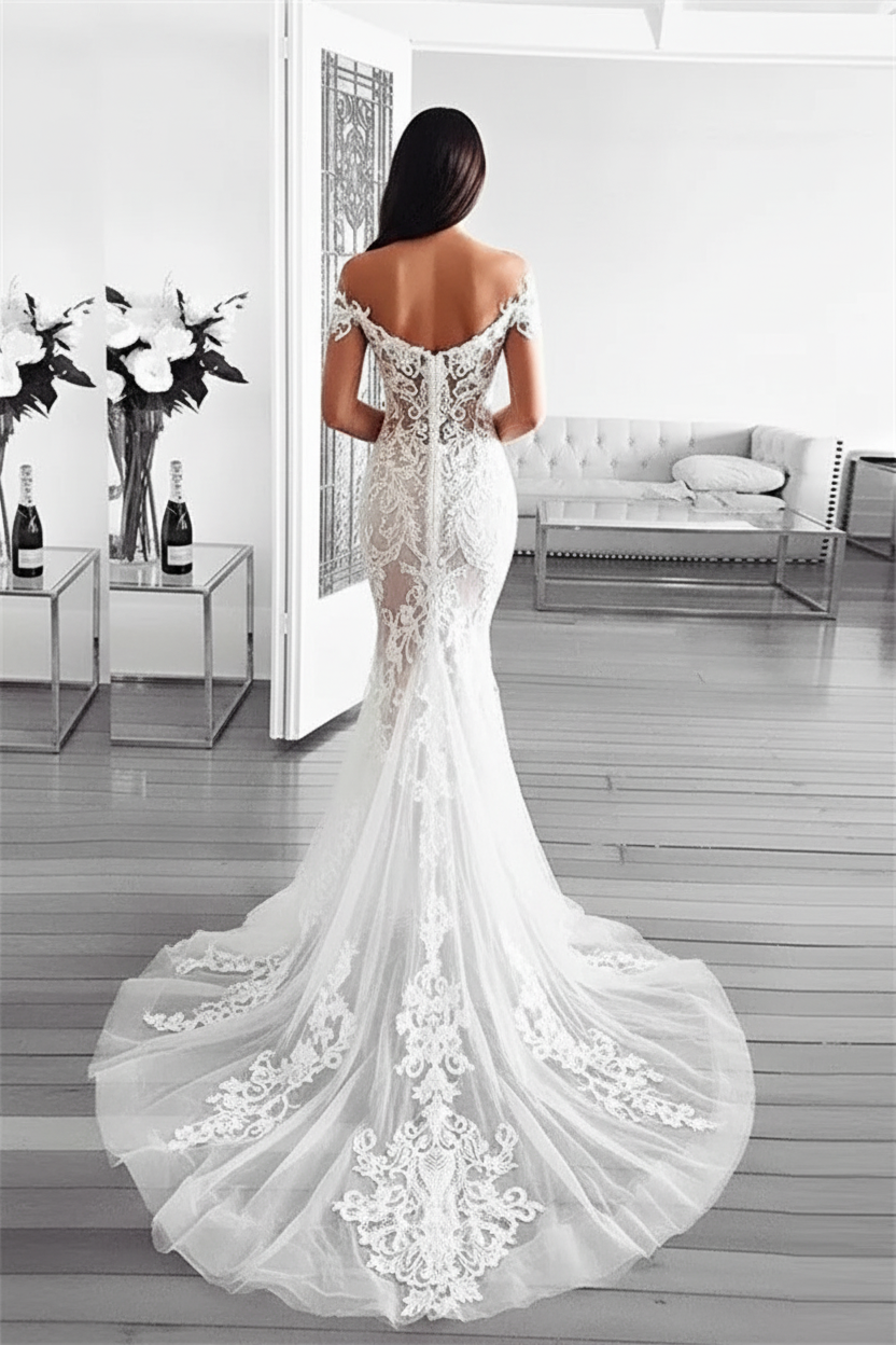 Gorgeous Mermaid Off Shoulder Wedding Dresses UK | Long Sleeves Appliques Sheer Bridal Gowns