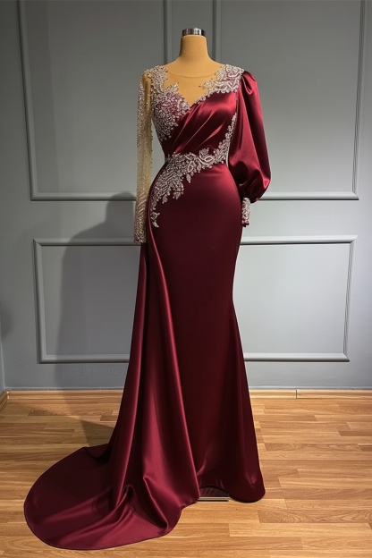 Jewel Asymmetric Beading Long Sleeves Satin Evening Dress with Appliques