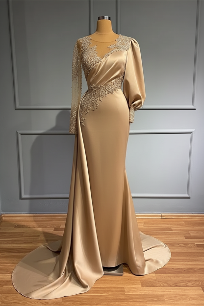 Jewel Asymmetric Beading Long Sleeves Satin Evening Dress with Appliques