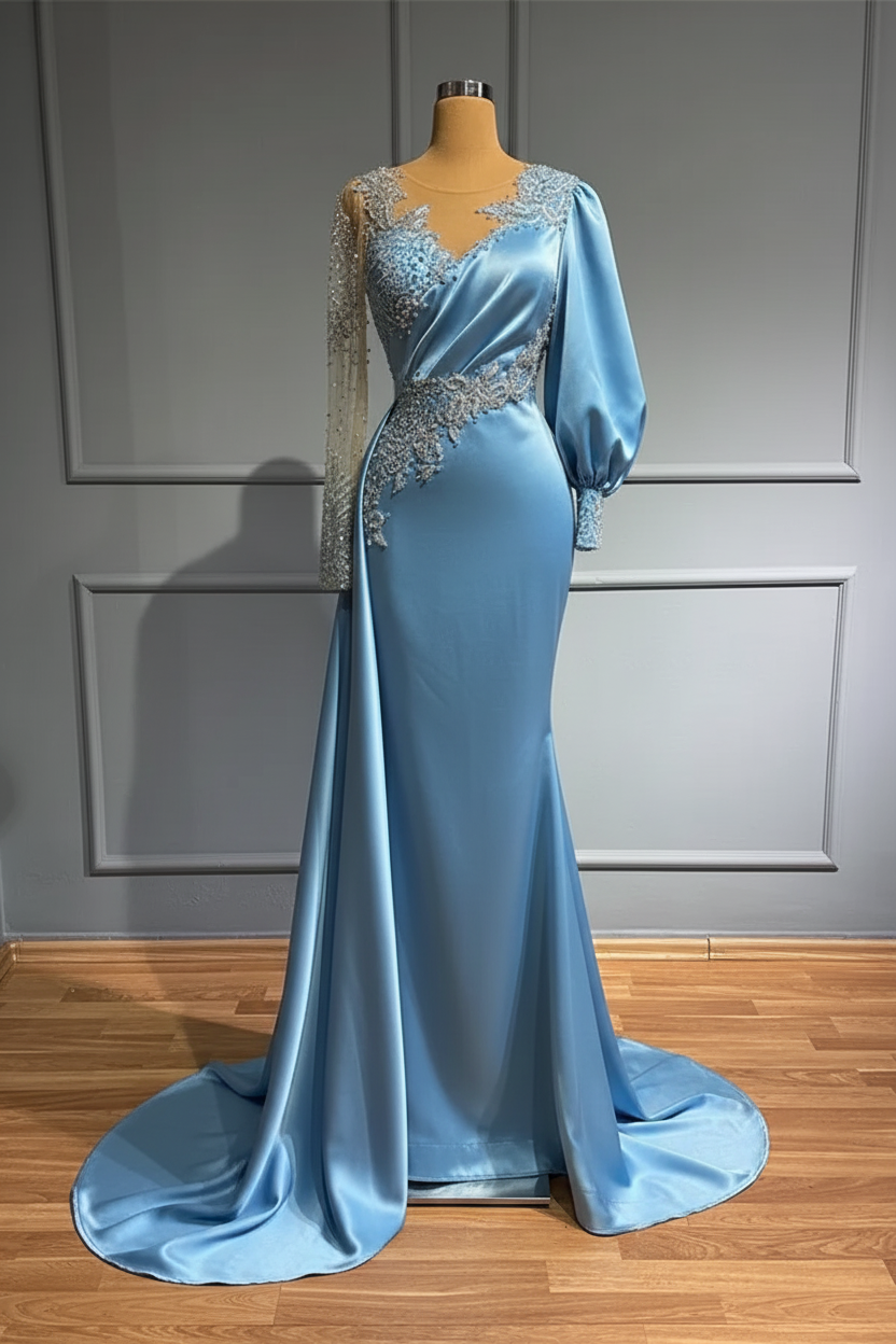 Jewel Asymmetric Beading Long Sleeves Satin Evening Dress with Appliques