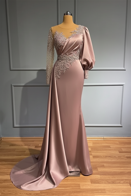 Jewel Asymmetric Beading Long Sleeves Satin Evening Dress with Appliques