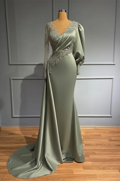 Jewel Asymmetric Beading Long Sleeves Satin Evening Dress with Appliques
