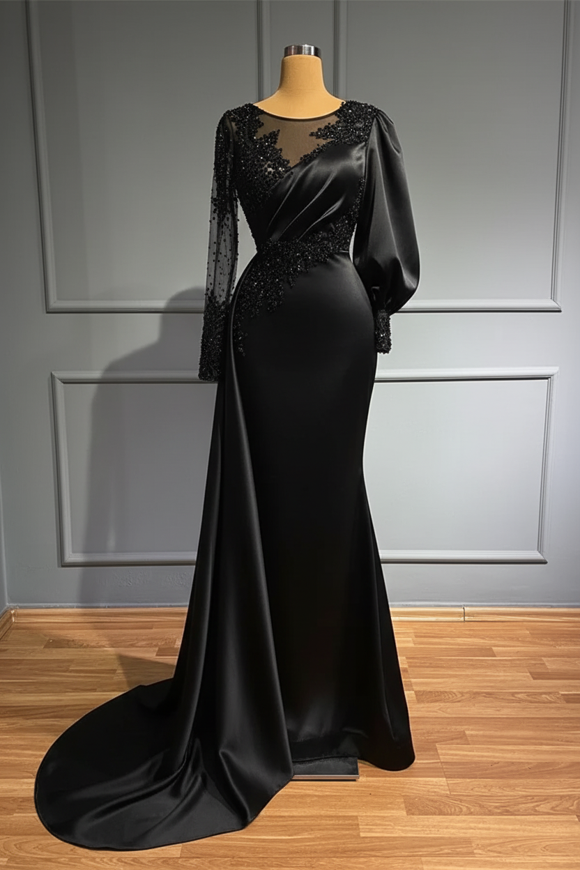 Jewel Asymmetric Beading Long Sleeves Satin Evening Dress with Appliques