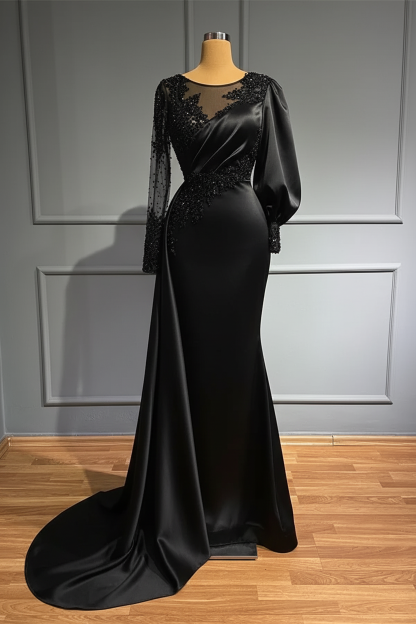 Jewel Asymmetric Beading Long Sleeves Satin Evening Dress with Appliques