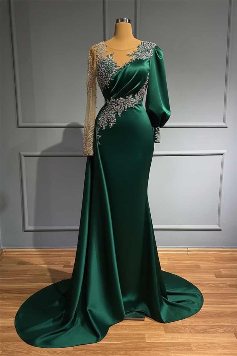 Jewel Asymmetric Beading Long Sleeves Satin Evening Dress with Appliques