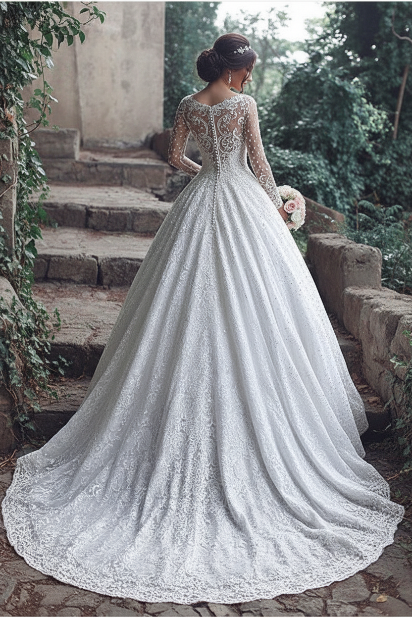 Pretty Long Sleeve Lace Wedding Dress Ball Gown Floor Length BA3046