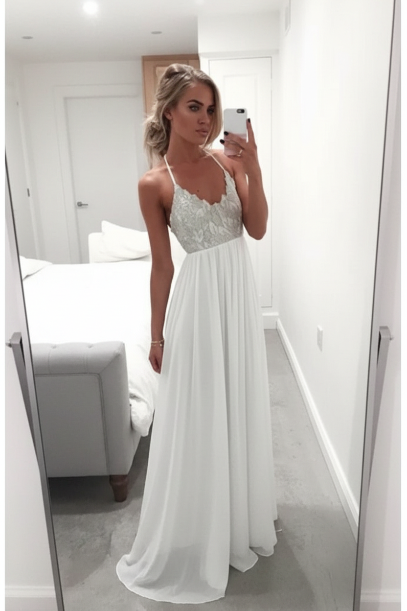 Spaghetti-Strap A-Line White Summer Long Chiffon Open-Back Lace Prom Dress UK BA2815