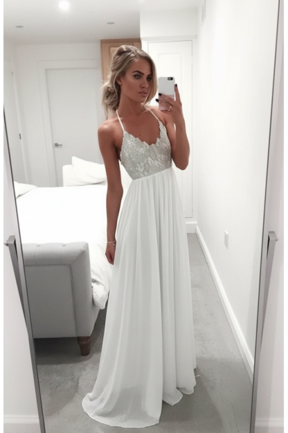 Spaghetti-Strap A-Line White Summer Long Chiffon Open-Back Lace Prom Dress UK BA2815