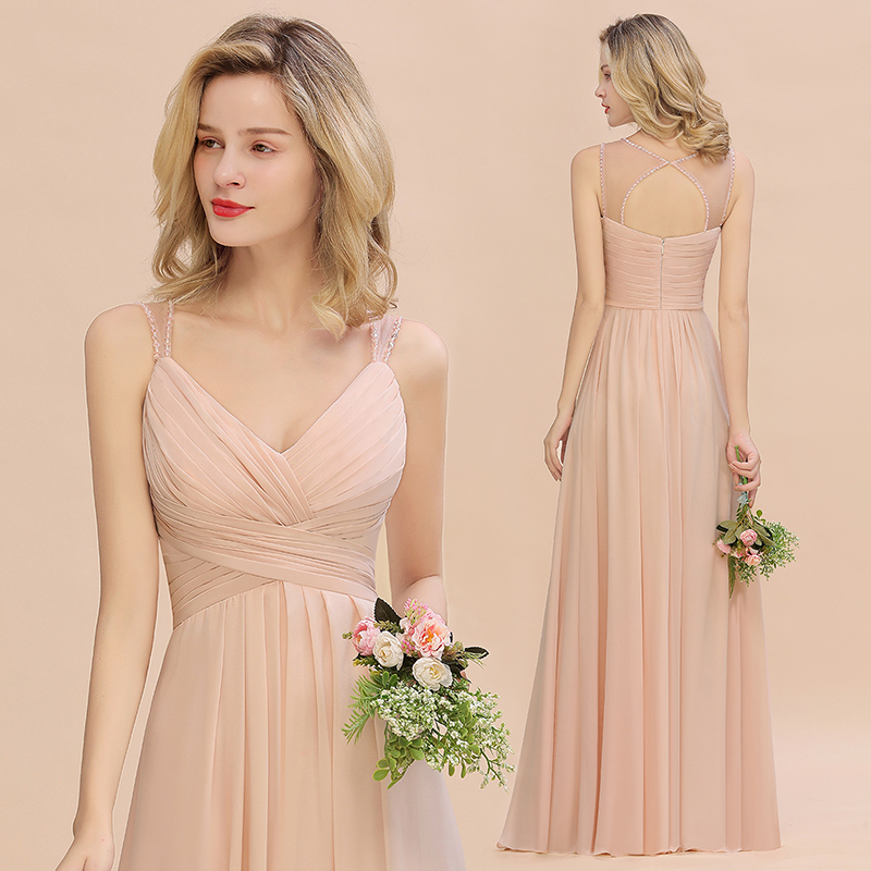 Spaghetti Straps Champagne V-Neck Chiffon Bridesmaid Dress Sleeveless Wedding Guest Dress