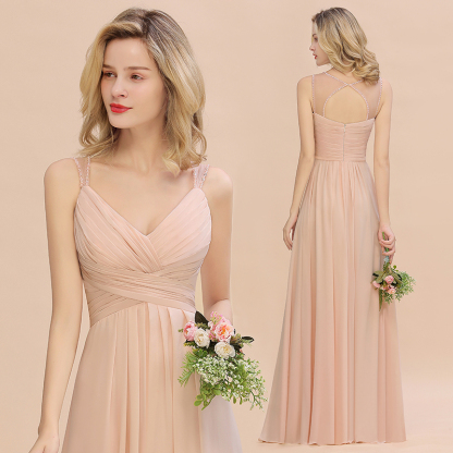 Spaghetti Straps Champagne V-Neck Chiffon Bridesmaid Dress Sleeveless Wedding Guest Dress