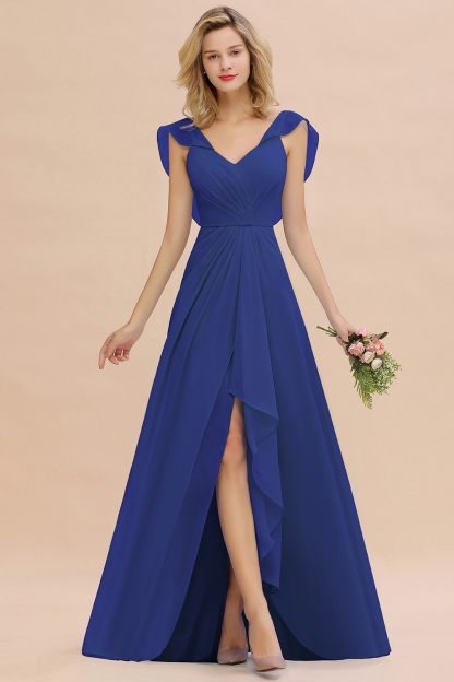 V-Neck A-line Bridesmaid Dress Chiffon Long Wedding Party Dress with Split