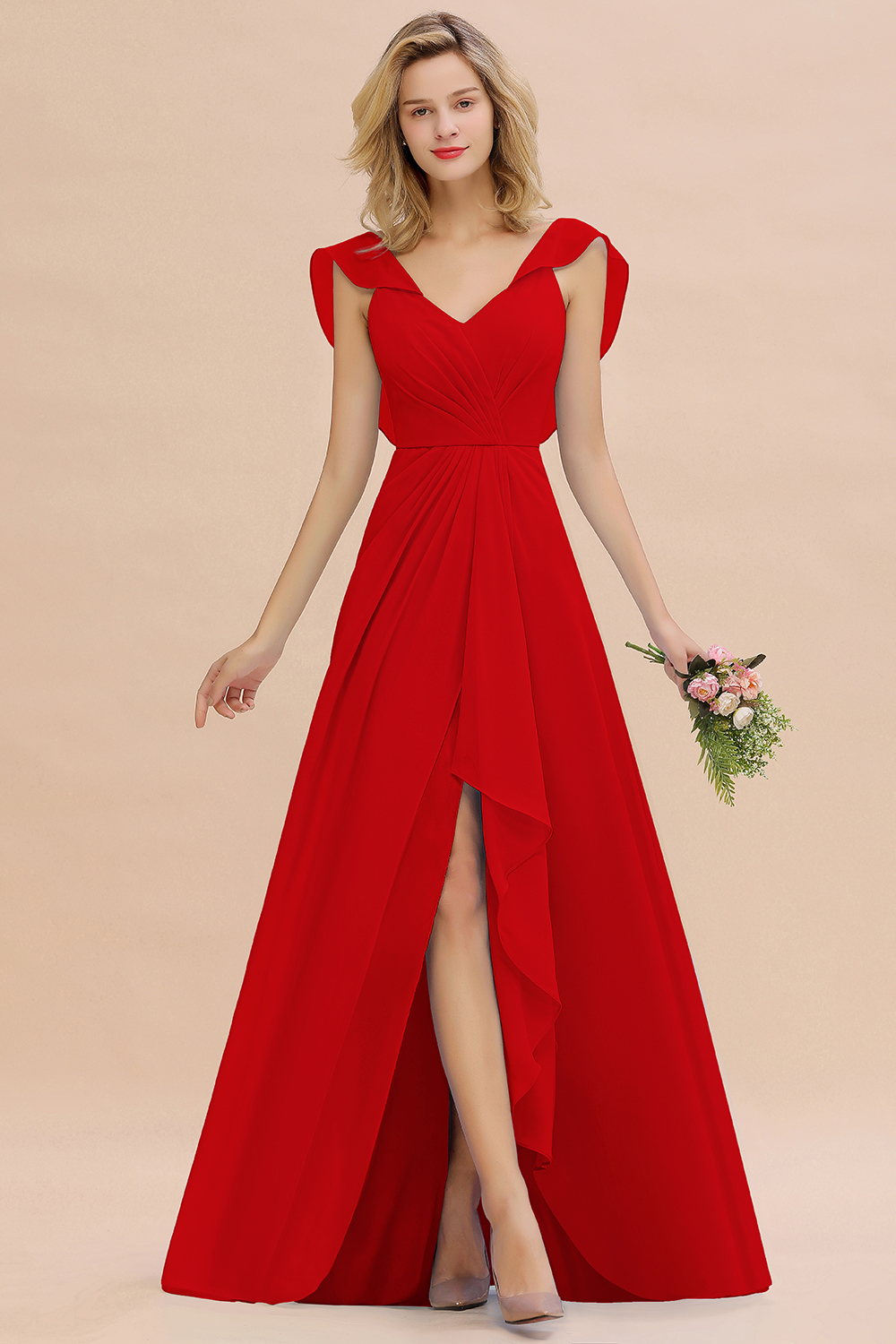 V-Neck A-line Bridesmaid Dress Chiffon Long Wedding Party Dress with Split