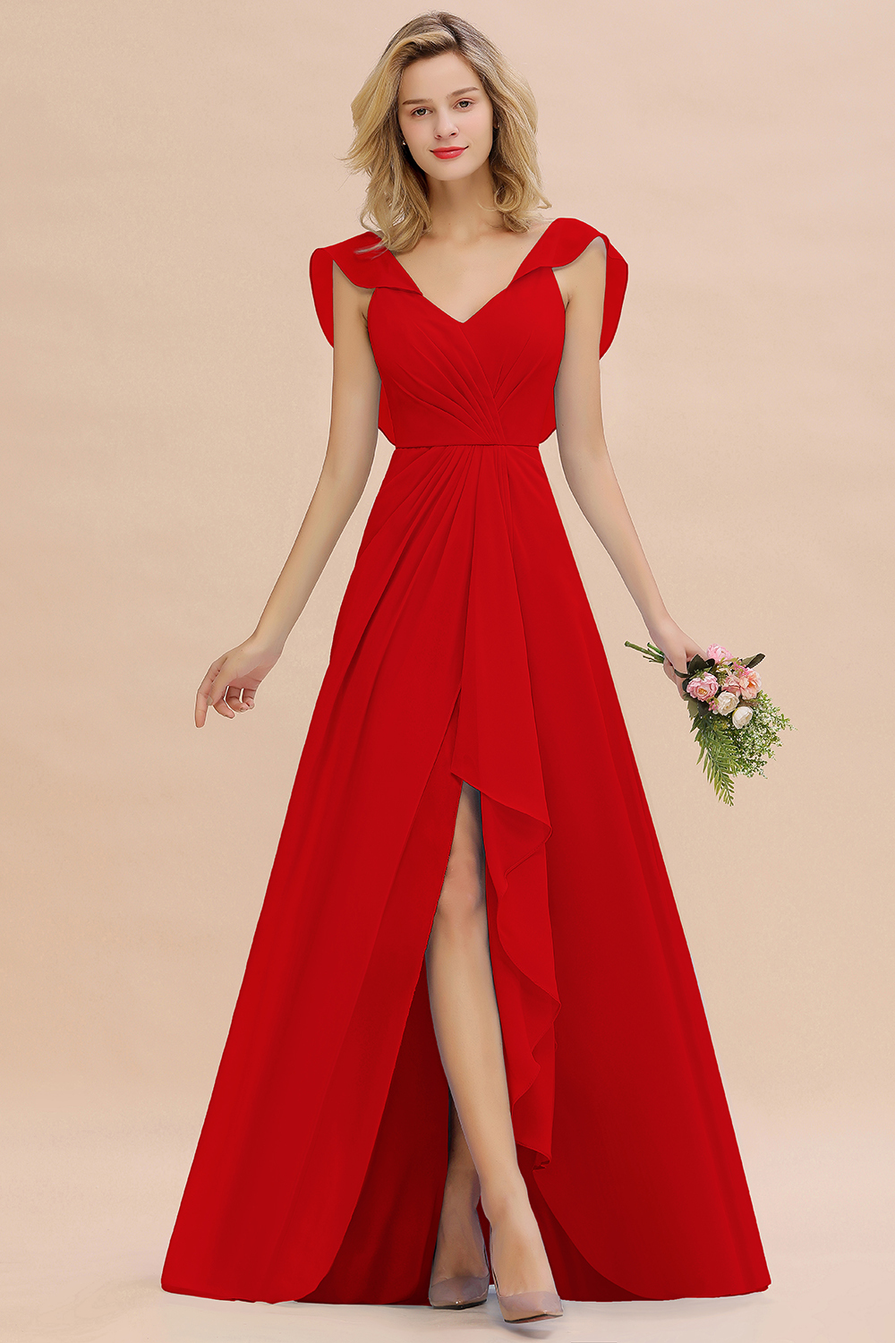 V-Neck A-line Bridesmaid Dress Chiffon Long Wedding Party Dress with Split