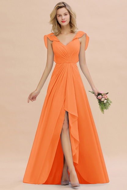 V-Neck A-line Bridesmaid Dress Chiffon Long Wedding Party Dress with Split