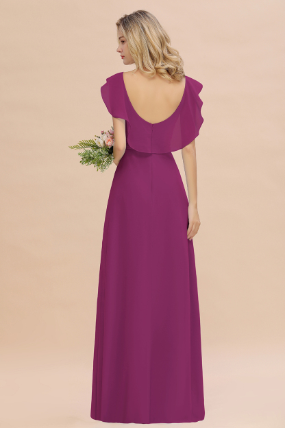 V-Neck A-line Bridesmaid Dress Chiffon Long Wedding Party Dress with Split