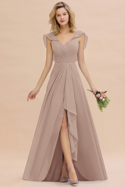 V-Neck A-line Bridesmaid Dress Chiffon Long Wedding Party Dress with Split