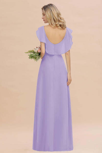 V-Neck A-line Bridesmaid Dress Chiffon Long Wedding Party Dress with Split