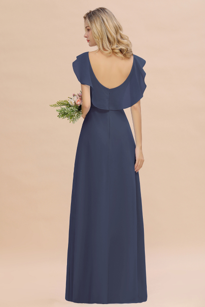 V-Neck A-line Bridesmaid Dress Chiffon Long Wedding Party Dress with Split
