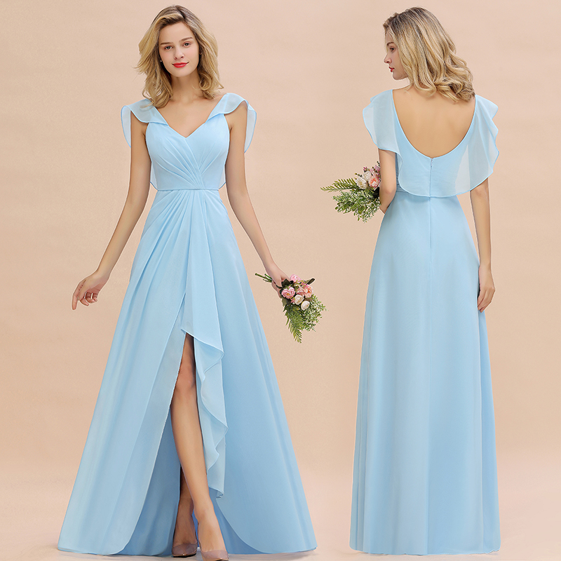 V-Neck A-line Bridesmaid Dress Chiffon Long Wedding Party Dress with Split