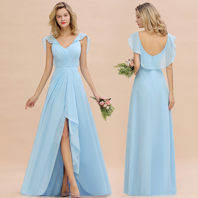 V-Neck A-line Bridesmaid Dress Chiffon Long Wedding Party Dress with Split